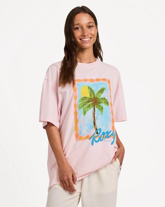 Image of T-Shirts. Product name - Roxy Womens Palm Tree T-Shirt Chalk Pink in Chalk Pink colour by brand - Roxy