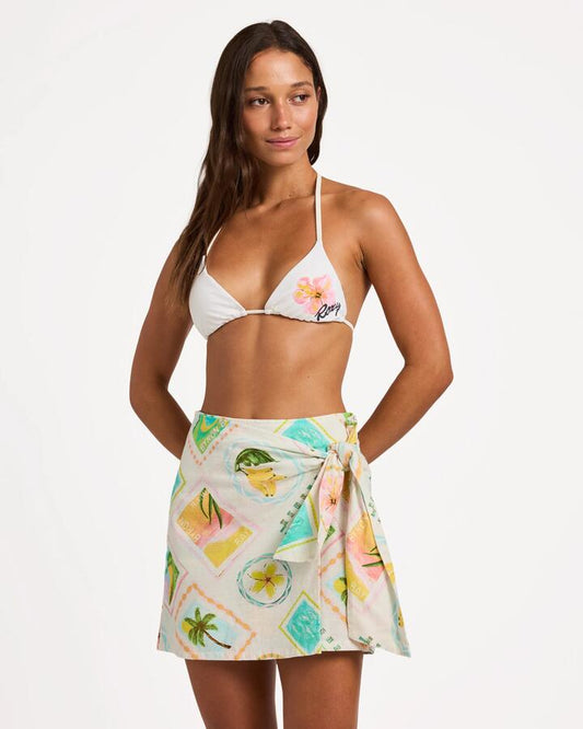 Image of a model wearing Skirts. Product name - Roxy Womens Postcards Saron Mini Skirt Egret in Egret colour by brand - Roxy