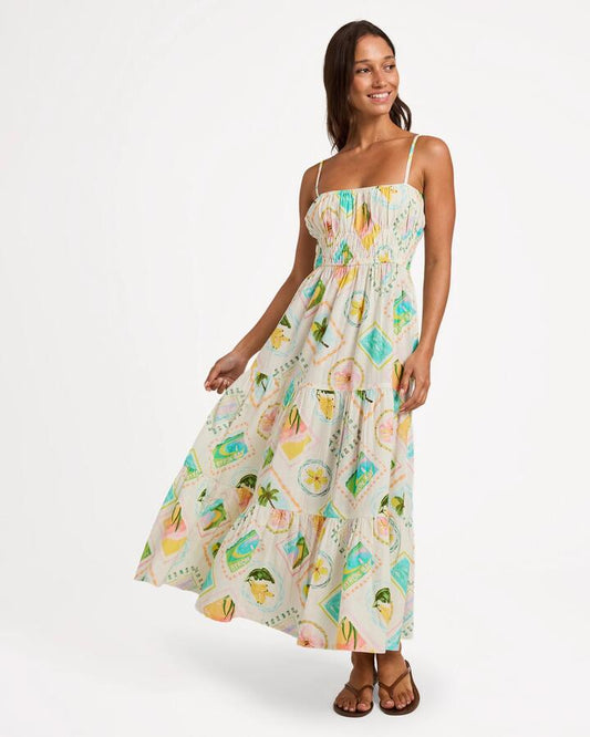 Image of Dresses. Product name - Roxy Womens Postcards Maxi Dress Egret in Egret colour by brand - Roxy
