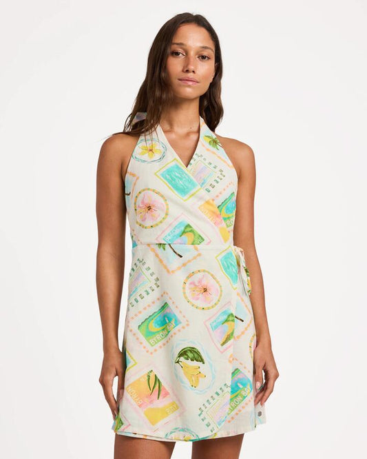 Image of Dresses. Product name - Roxy Womens Postcards Wrap Dress Egret in Egret colour by brand - Roxy