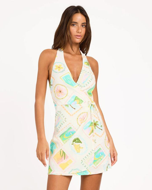 Image of Dresses. Product name - Roxy Womens Postcards Wrap Dress Egret in Egret colour by brand - Roxy