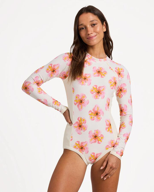 Image of a model wearing Tops. Productname: Roxy - Womens Hibiscus Long Sleeve One Piece - Egret - in Egret colour by brand - Roxy
