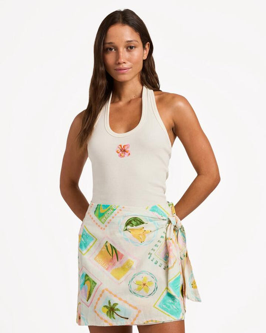 Image of a model wearing Tops. Productname: Roxy - Womens Hibiscus Halter Tank Top - Egret - in Egret colour by brand - Roxy