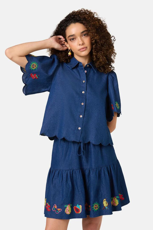 Image of a model wearing Tops. Productname: Postcards Chambray Shirt in Chambray colour by brand - Gorman