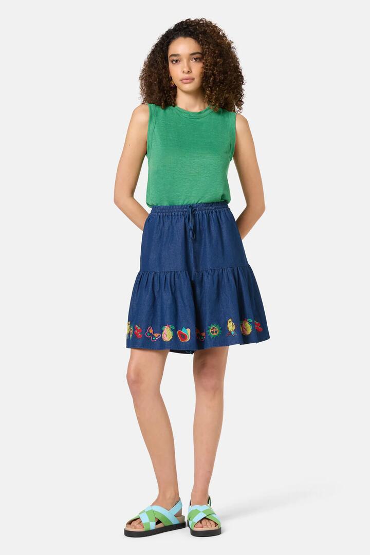 Image of a model wearing Skirts. Product name - Postcards Chambray Skort in Chambray colour by brand - Gorman