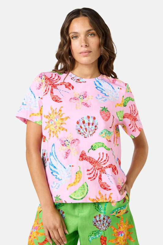 Image of a model wearing Tops. Productname: Mosaic Mile Print Classic Tee in Print colour by brand - Gorman