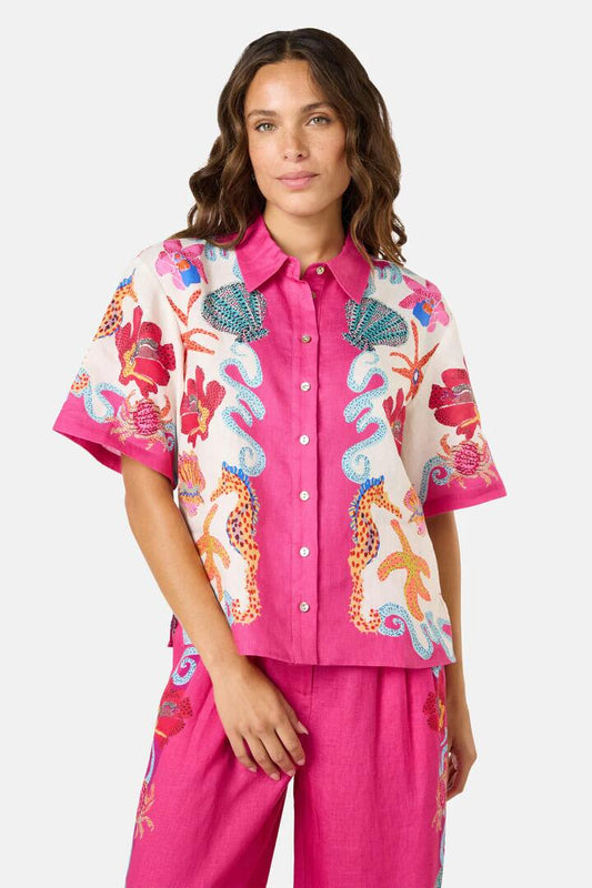 Image of a model wearing Tops. Productname: Mermaid Resort Print Shirt in Print colour by brand - Gorman