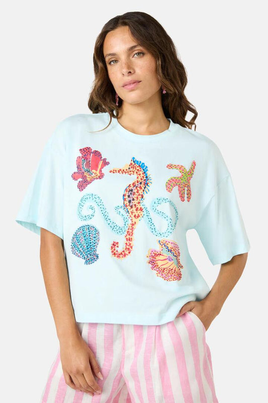 Image of T-Shirts. Product name - Mermaid Beaded Placement Relaxed Tee in Blue colour by brand - Gorman