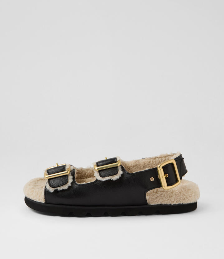 Image of Sandals. Productname: Elidie Black Cream Leather Shearling Sandals in Black-Cream colour by brand - MOLLINI