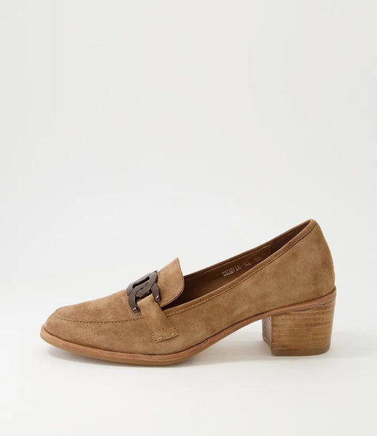 Image of Heels. Productname: Dervie Light Choc Natural Heel Suede Heels in Lt Choc-Natural Heel colour by brand - MIDAS