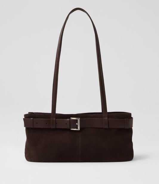 Image of Bags. Productname: Tilda Dark Choc Suede Leather Handbag in Dk Choc colour by brand - MOLLINI