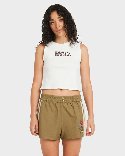 Image of a model wearing Tops. Productname: RVCA - Womens Mel G Tank Top - Star White - in Star White colour by brand - RVCA