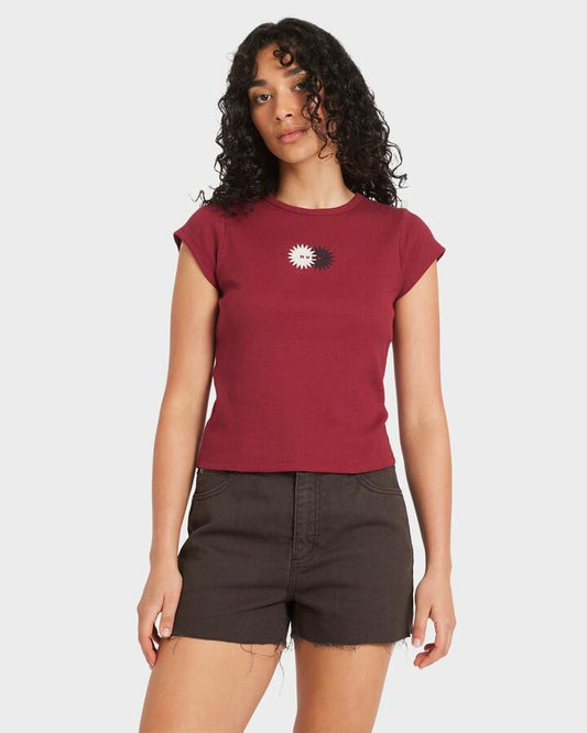 Image of T-Shirts. Product name - RVCA Womens Ribbed Slim T-Shirt Ruby Red in Ruby Red colour by brand - RVCA