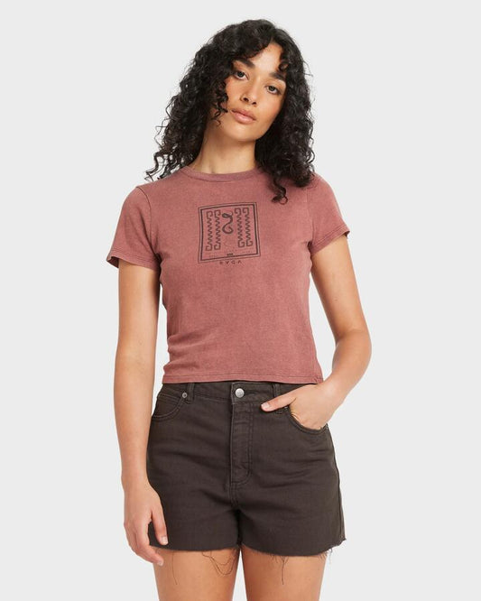 Image of a model wearing Tops. Productname: RVCA Womens 411 T-Shirt Mahogany - in Mahogany colour by brand - RVCA