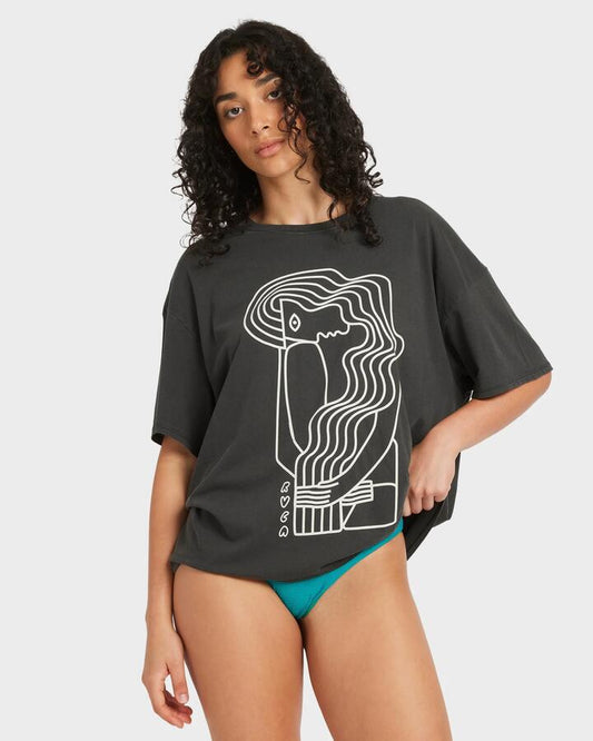 Image of a model wearing Tops. Productname: RVCA Womens Baggie Ii T-Shirt Washed Black - in Washed Black colour by brand - RVCA