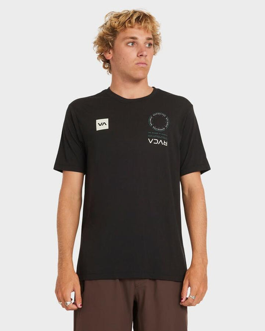 Image of a model wearing Tops. Productname: RVCA Mens Va Mark 2 T-Shirt Black - in Black colour by brand - RVCA