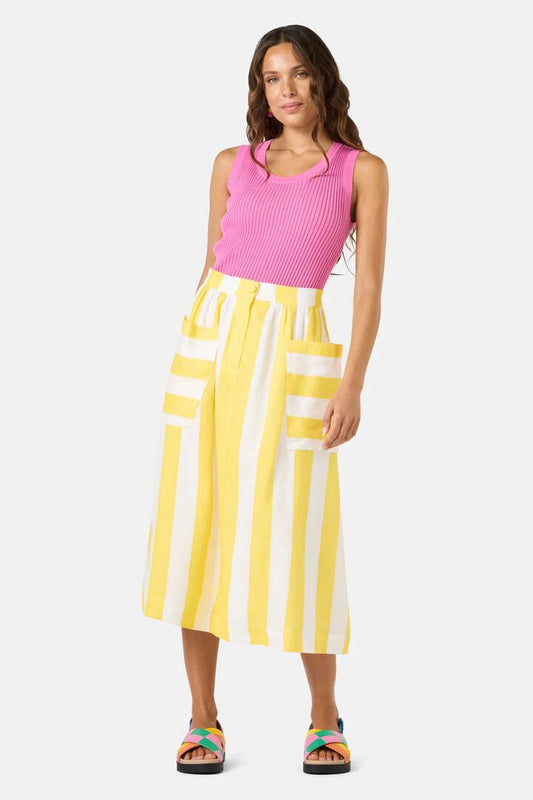 Image of a model wearing Skirts. Productname: Amara Stripe Linen Skirt in Yellow colour by brand - Gorman