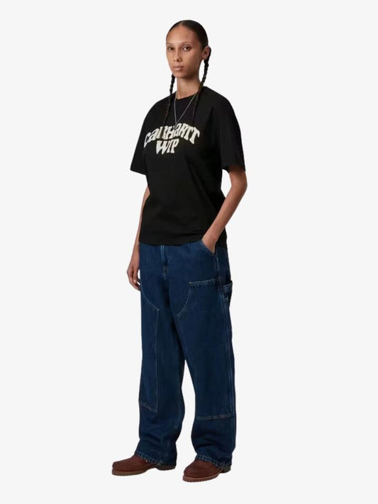 Image of a model wearing Tops. Productname: Carhartt Wip Womenâs Short Sleeve Guide Club T-Shirt in Black Heavy Stone Washed colour by brand - Carhartt Wip