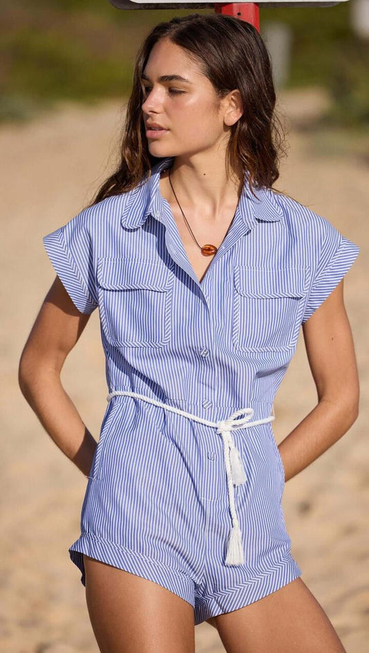 Image of Bodysuits. Product name - Blue & White Stripe Playsuit in Blue/White colour by brand - MINKPINK