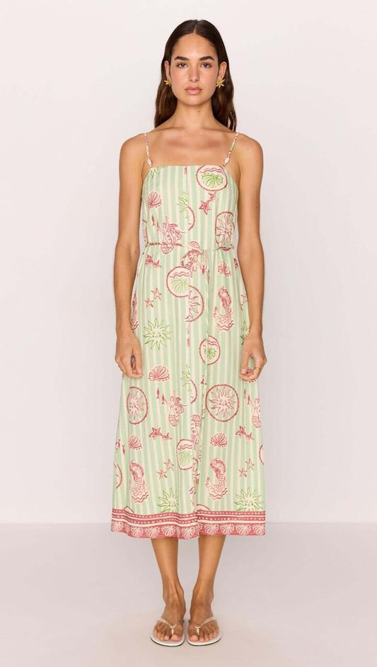 Image of Dresses. Product name - Linen Blend Green Stripe Printed Tie-Waist Midi Dress in Mermaid Stripe colour by brand - MINKPINK