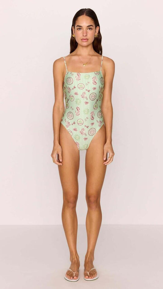 Image of Swimwear. Product name - Green Stripe Printed Low-Back One Piece Swimsuit in Mermaid Stripe colour by brand - MINKPINK