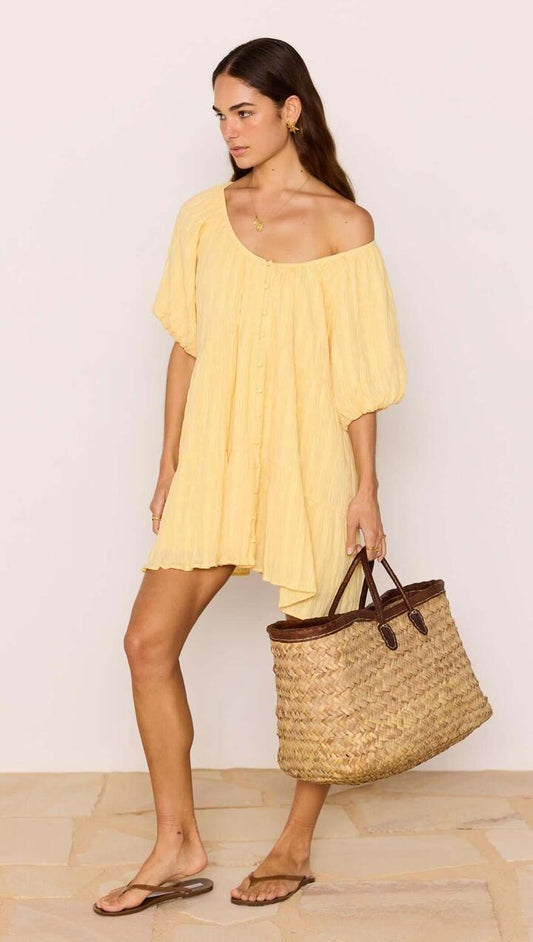Image of Dresses. Product name - Relaxed Yellow Cotton Tiered Mini Dress in Yellow colour by brand - MINKPINK