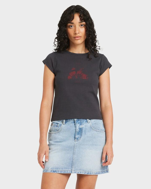 Image of T-Shirts. Product name - RVCA Womens Ribbed Slim T-Shirt Washed Black in Washed Black colour by brand - RVCA