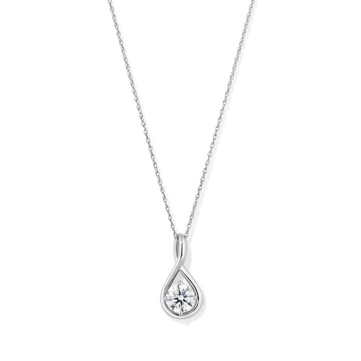 Image of Necklaces. Productname: 45cm Prong Set Solitaire Swirl Pendant Necklace with 1.00ct of Laboratory-Grown Diamonds in Sterling Silver in Diamond colour by brand - Bevilles