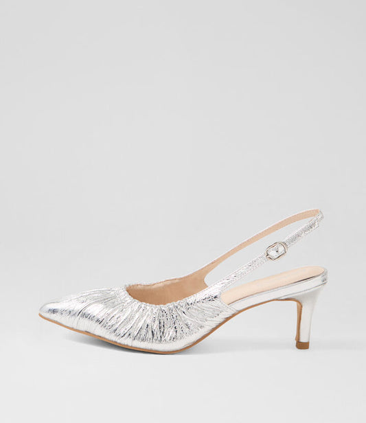 Image of Heels. Productname: Cossette Silver Leather Heels in Silver colour by brand - MIDAS