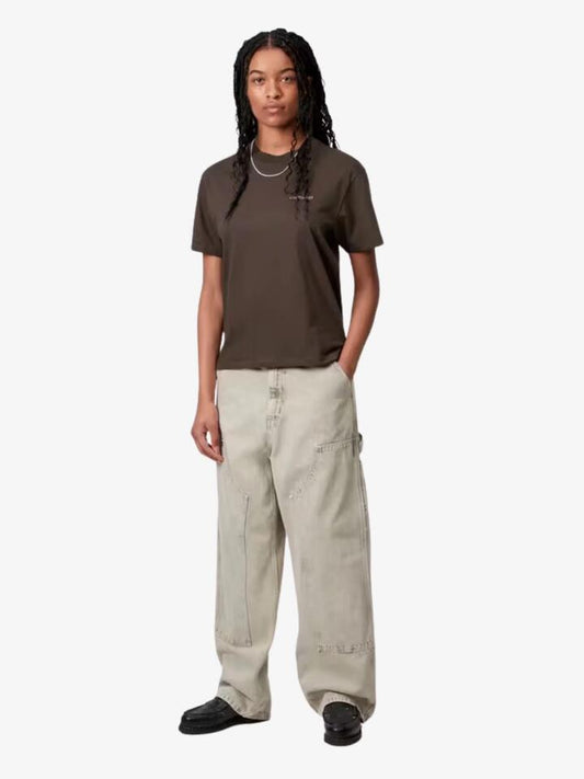 Image of a model wearing Tops. Productname: Carhartt Wip Women's Short Sleeve Script Embroidery T-Shirt in Vitola/ Phlox colour by brand - Carhartt Wip