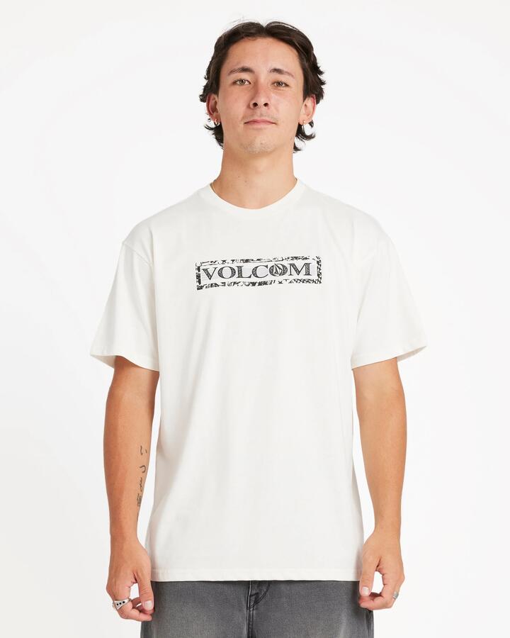 Image of a model wearing Tops. Productname: Volcom Mens You Drain T-Shirt Off White - in Off White colour by brand - Volcom