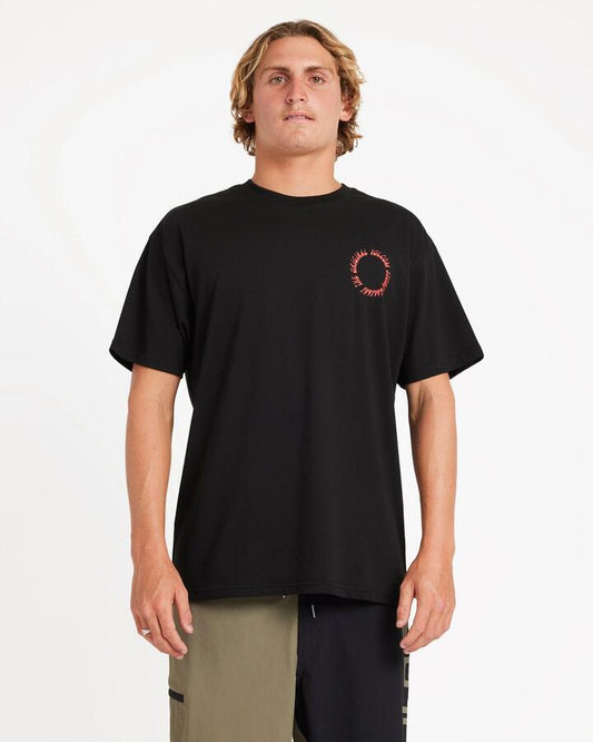 Image of a model wearing Tops. Productname: Volcom Mens Round Out T-Shirt Black - in Black colour by brand - Volcom