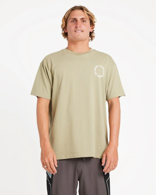 Image of a model wearing Tops. Productname: Volcom Mens Round Out T-Shirt Green Tea - in Green Tea colour by brand - Volcom