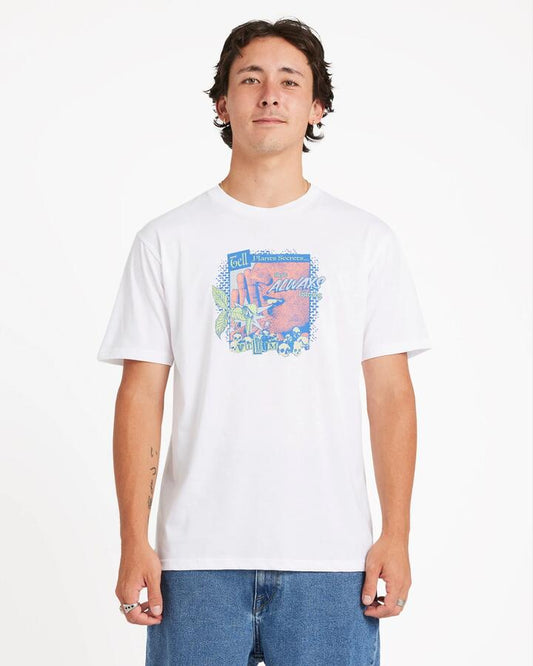 Image of a model wearing Tops. Productname: Volcom Mens Gossip T-Shirt White - in White colour by brand - Volcom