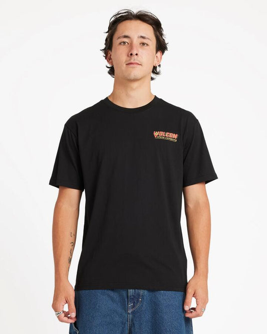 Image of a model wearing Tops. Productname: Volcom Mens Speed Beacon T-Shirt Black - in Black colour by brand - Volcom
