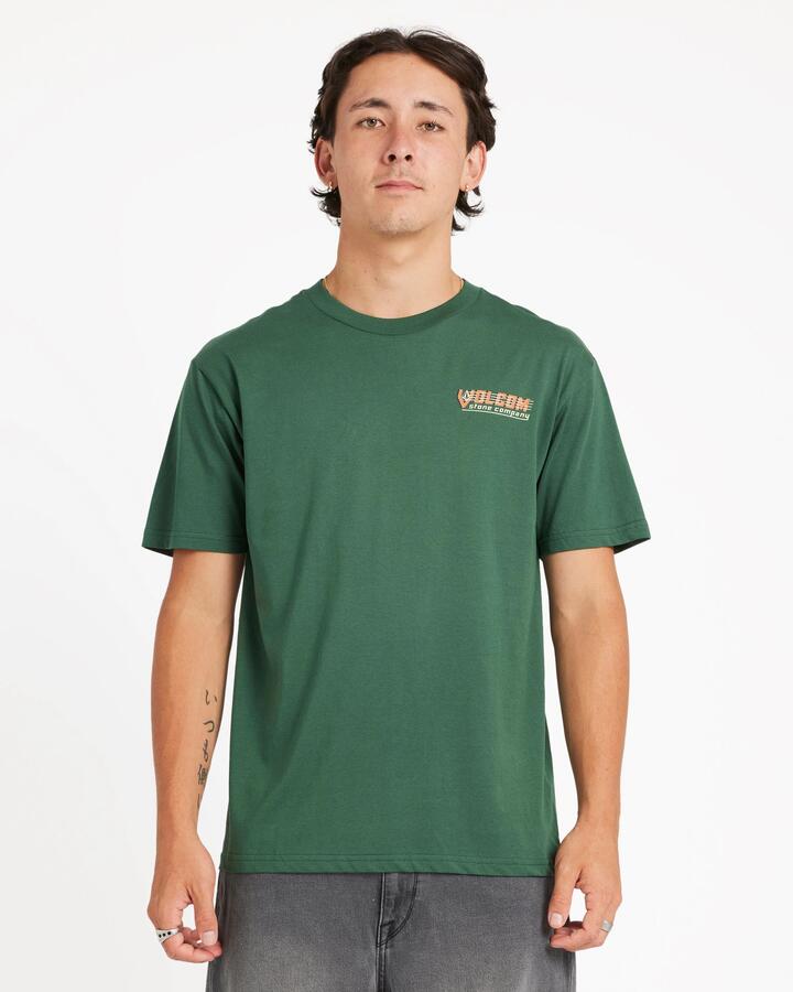 Image of a model wearing Tops. Productname: Volcom Mens Speed Beacon T-Shirt Billiard - in Billiard colour by brand - Volcom