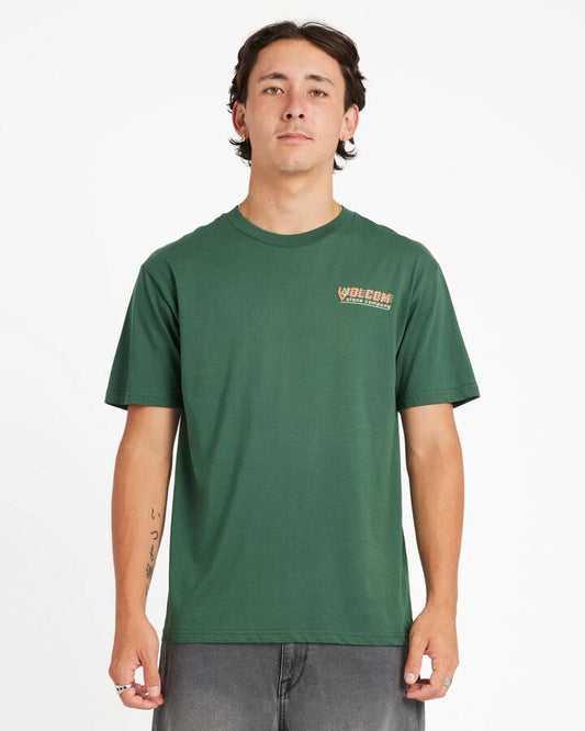 Image of a model wearing Tops. Productname: Volcom Mens Speed Beacon T-Shirt Billiard - in Billiard colour by brand - Volcom