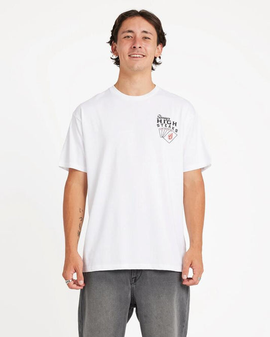 Image of a model wearing Tops. Productname: Volcom Mens High Steaks T-Shirt White - in White colour by brand - Volcom