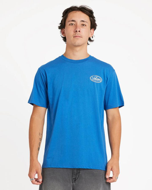 Image of a model wearing Tops. Productname: Volcom Mens Clean Sweep T-Shirt Electric Blue - in Electric Blue colour by brand - Volcom