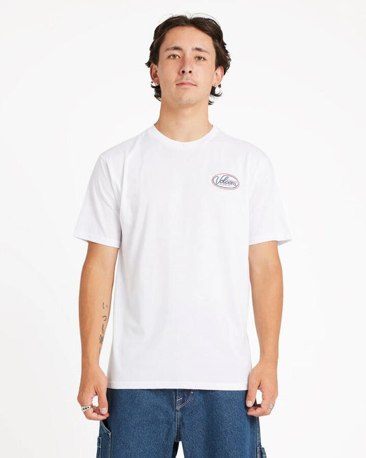 Image of a model wearing Tops. Productname: Volcom Mens Clean Sweep T-Shirt White - in White colour by brand - Volcom