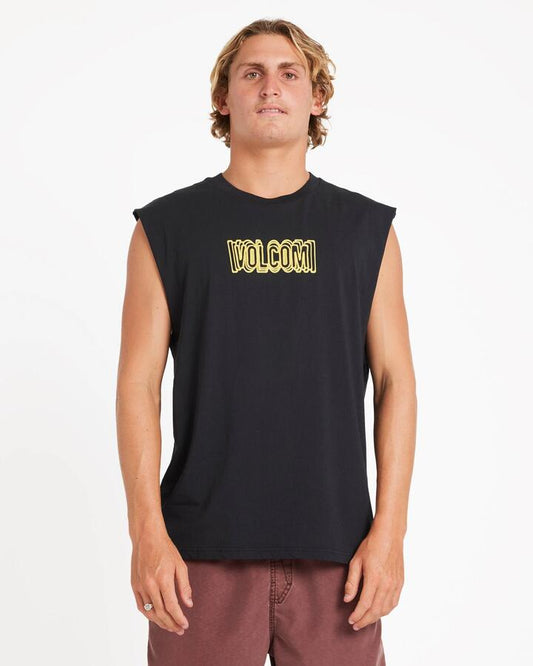Image of a model wearing Tops. Productname: Volcom Mens Echo Echo Muscle Antique Black - in Antique Black colour by brand - Volcom