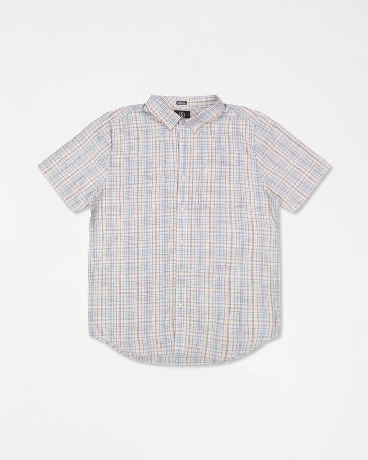 Image of a model wearing Tops. Productname: Volcom Mens Freewheel Short Sleeve Shirt Stone - in Stone colour by brand - Volcom