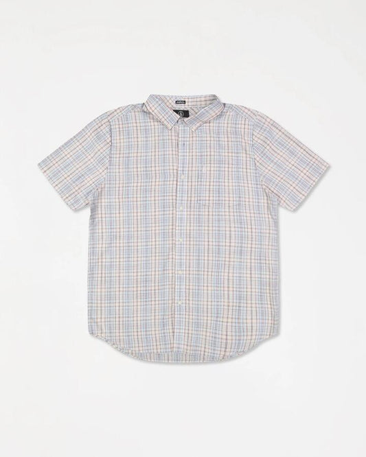 Image of a model wearing Tops. Productname: Volcom Mens Freewheel Short Sleeve Shirt Stone - in Stone colour by brand - Volcom