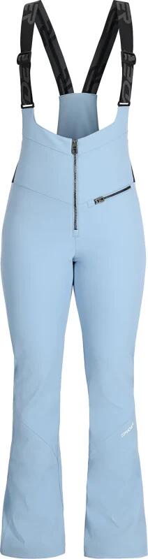 Image of a model wearing Pants. Productname: Spyder Womens Strutt Bib Softshell Snow Pants Blue Drift - in Blue Drift colour by brand - Spyder