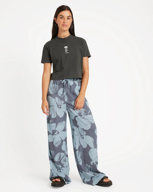 Image of a model wearing Pants. Productname: Volcom Womens Grumpy Sunshine Pant Blue Sapphire - in Blue Sapphire colour by brand - Volcom