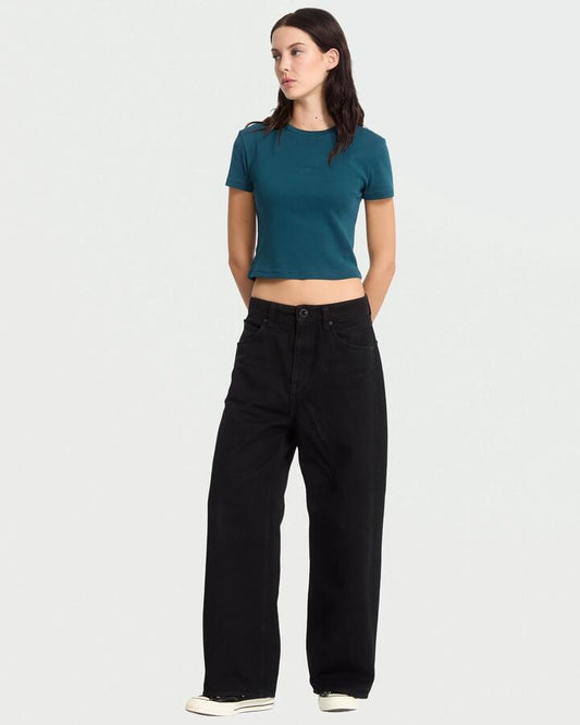 Image of Jeans. Product name - Volcom Womens Beggy Denim Jeans Black Combo in Black Combo colour by brand - Volcom