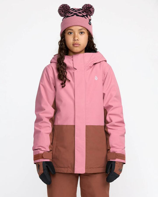 Image of a model wearing Outerwear. Productname: Volcom Girls 8-16 Sass'N'Frass Insulated Jacket Mesa Rose - in Mesa Rose colour by brand - Volcom