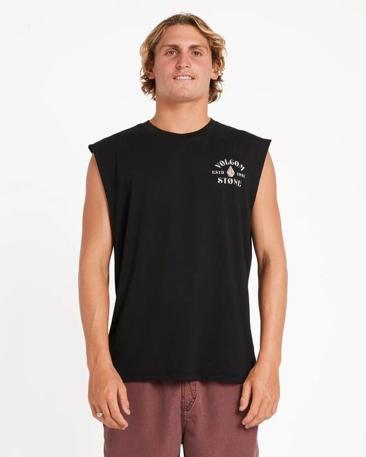 Image of a model wearing Tops. Product name - Volcom Mens Tallows Muscle Black in Black colour by brand - Volcom