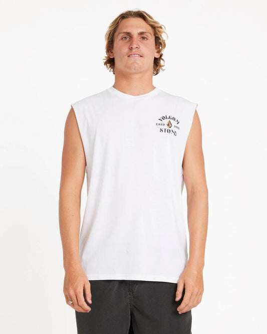 Image of a model wearing Tops. Productname: Volcom Mens Tallows Muscle White - in White colour by brand - Volcom