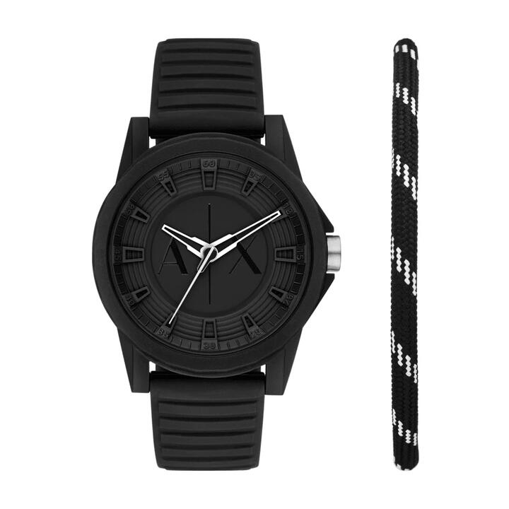 Image of Bracelets. Productname: Armani Exchange Three-Hand Black Silicone Watch and Bracelet Set AX7159SET in Watch colour by brand - Armani Exchange